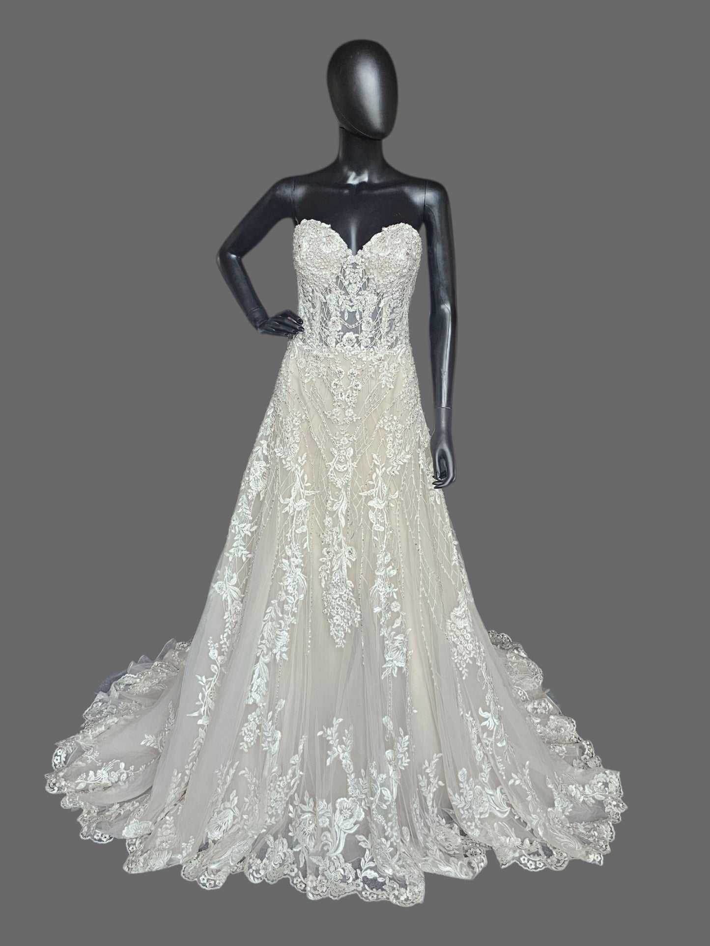 Nude/ White Full Scale Floral Beading Strapless Sweetheart Illusion Bodice Beaded Fit/Flare Wedding Gown - Beloved