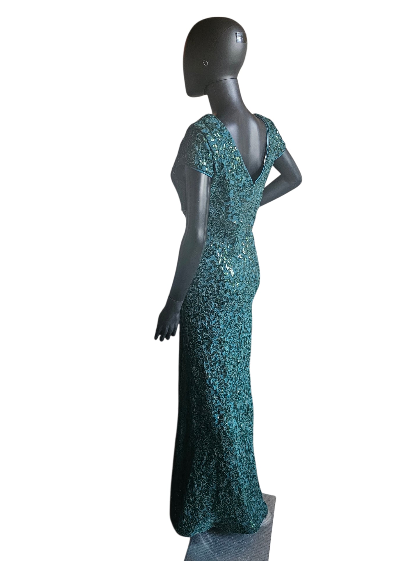 Hunter Green Floral Sequin Detail Cap Sleeve Full Length- R & M