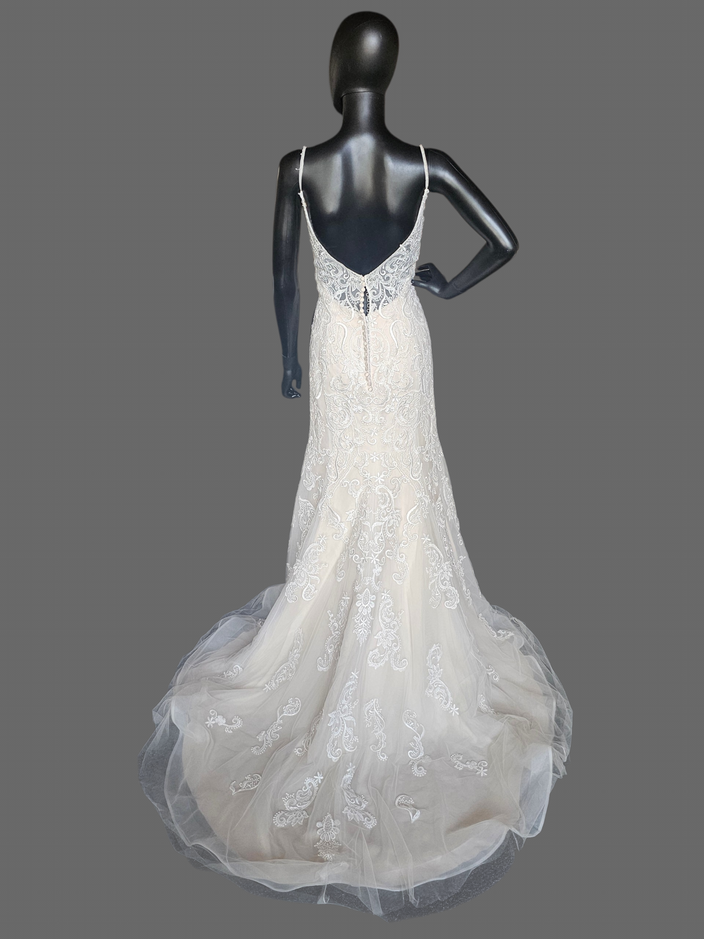 Blush/Ivory Beaded Strap Lace Open Back Fit-Flare Wedding Gown - Rebecca Ingram