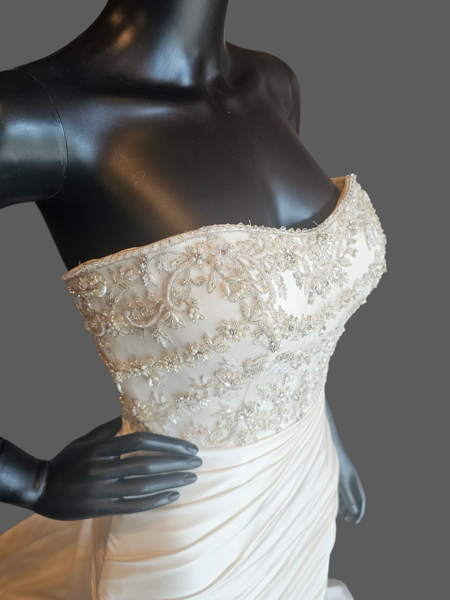 Ivory Silky Satin Side Sweep Fit/Flare Wedding Gown - Casablanca