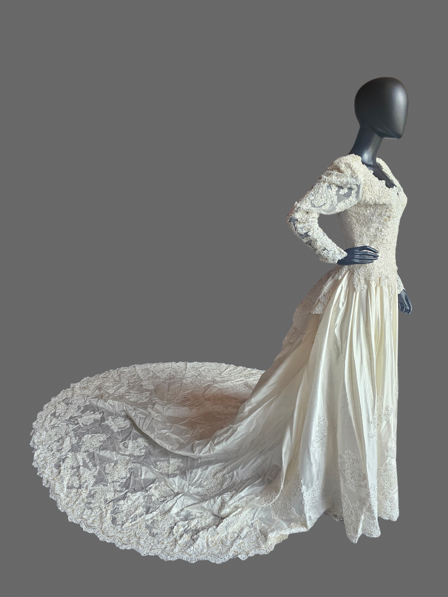 Vintage Ivory Long Sleeve V-Neck Flounce Wedding Gown