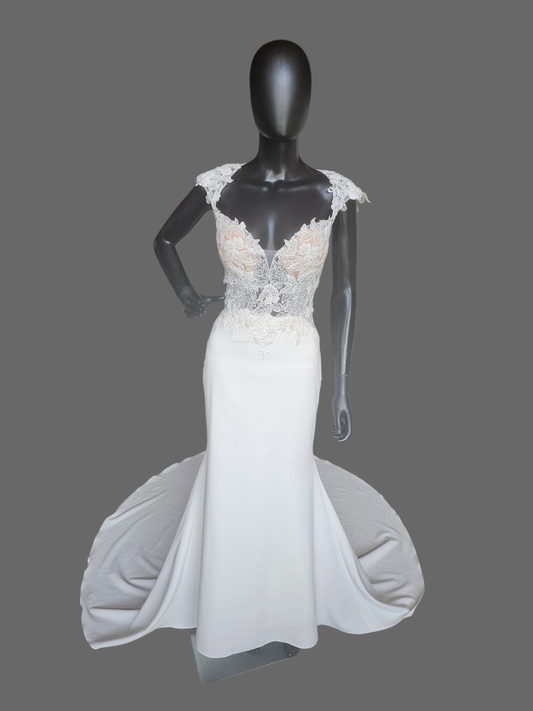 Ivory Crepe Illusion Bodice Cap Sleeve Fit/Flare Wedding Gown - Rebecca Ingram