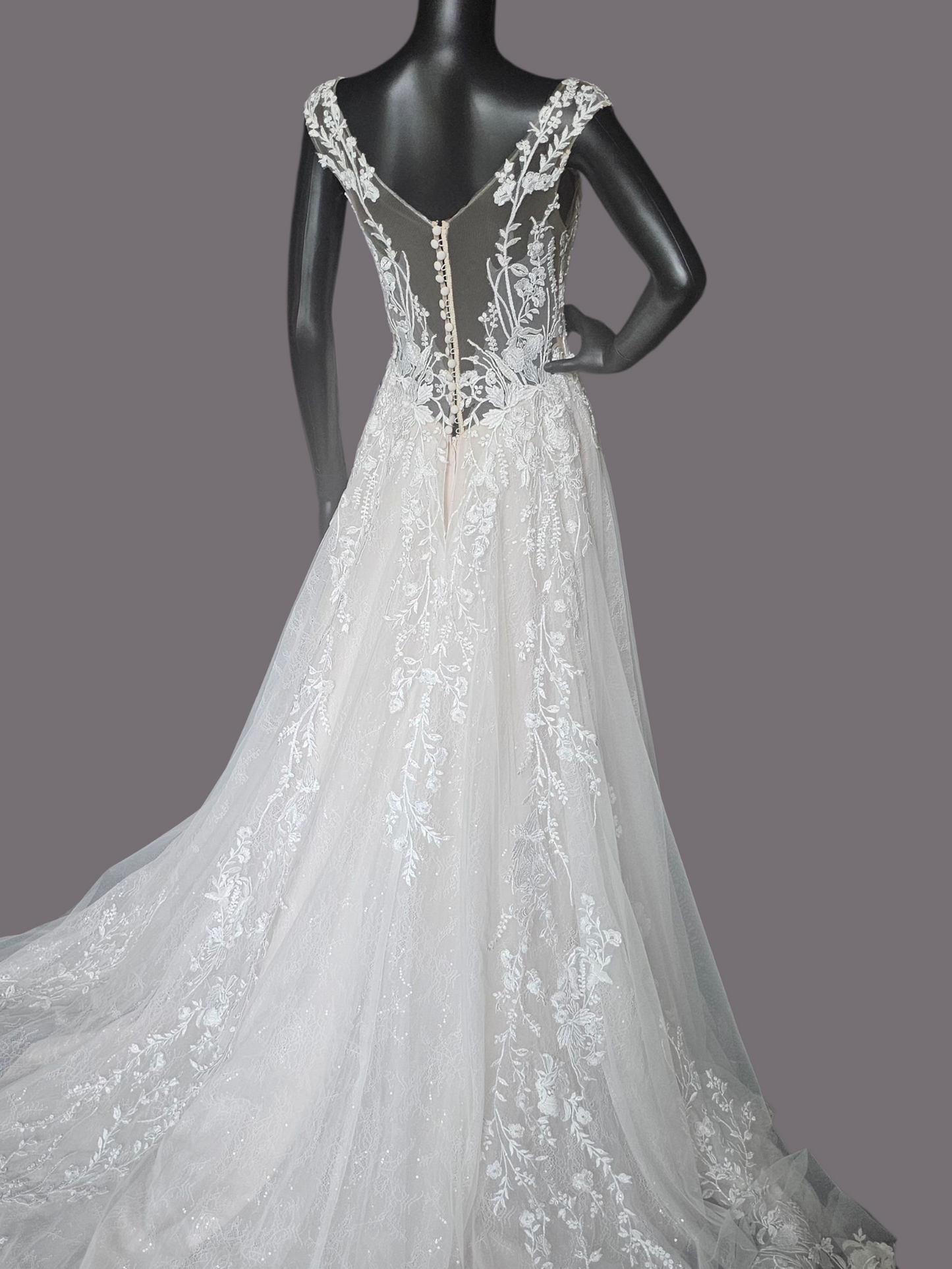 Champagne Lace V-Neck Illusion Back Wedding Gown - Mori Lee