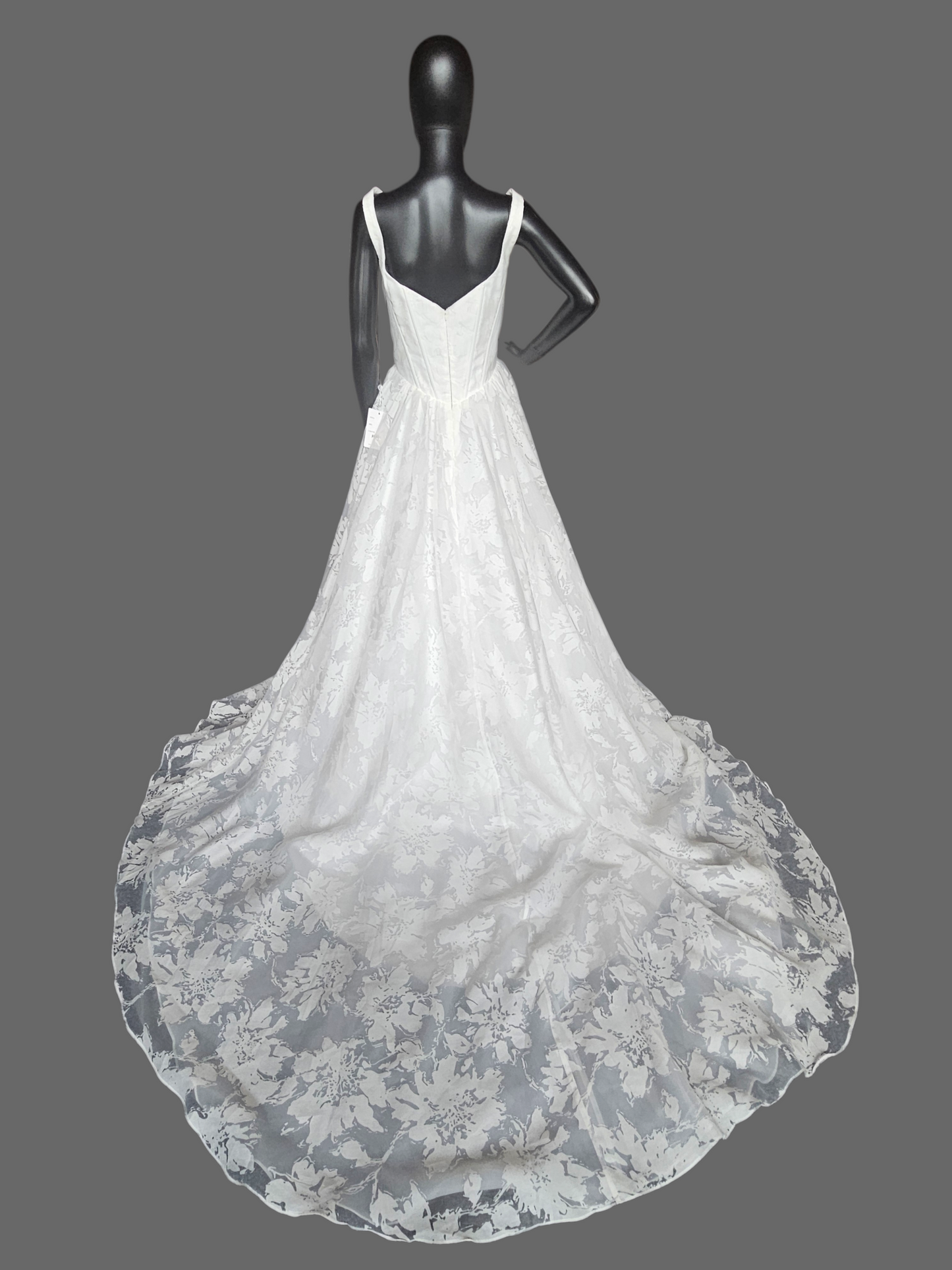 Ivory Floral Burnout Basque Waist Square Neckline Wedding Gown - Tania Olsen NWT