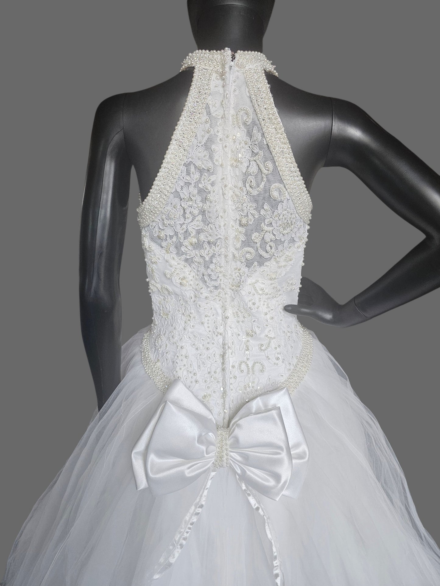 Vintage 90's Pearl Racer Halter Tulle Ballgown Wedding Dress  - Mori Lee