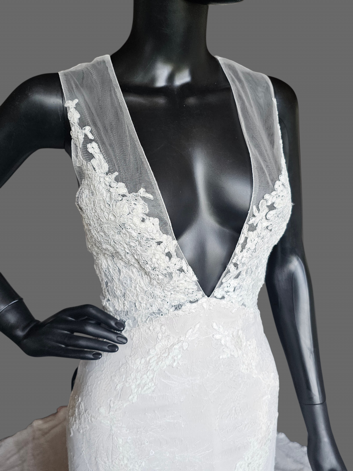Ivory Illusion Plunge Thick Strap Floral Lace Fit/Flare Wedding Gown - Alyne