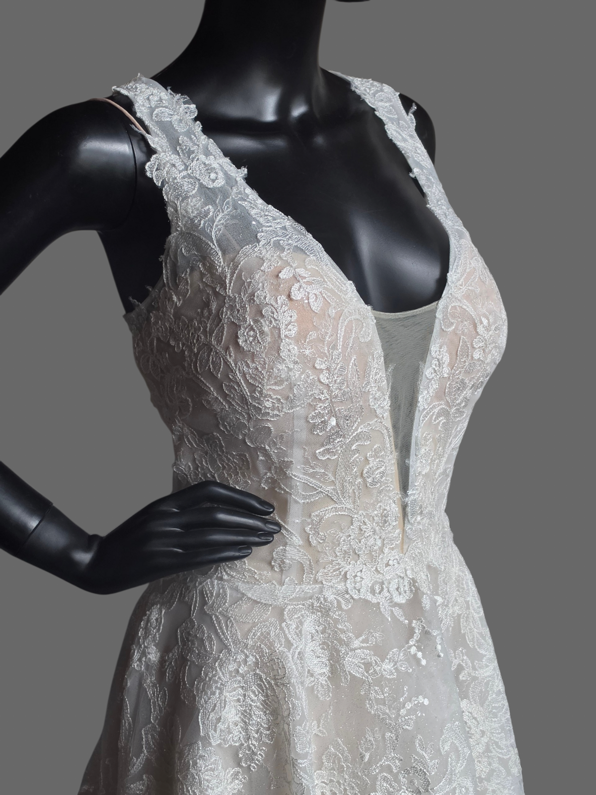 Ivory/Nude 3-Look Lace Plunge Sparkle A-Line Wedding Gown W/Detatch Sleeve - Martin Thornburg