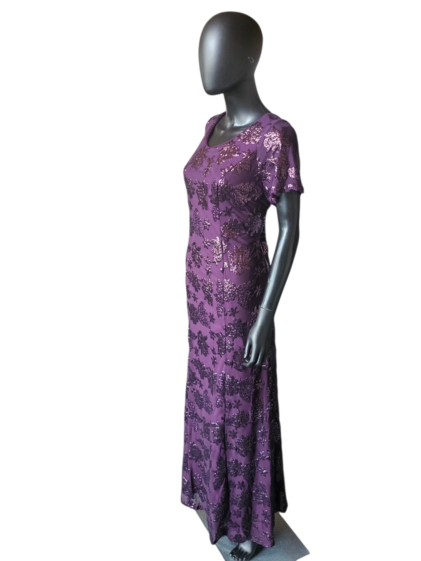 Plum Purple Floral Sequin Scoop Neck Cap Sleeve Full Length Formal Dress - Eva USA