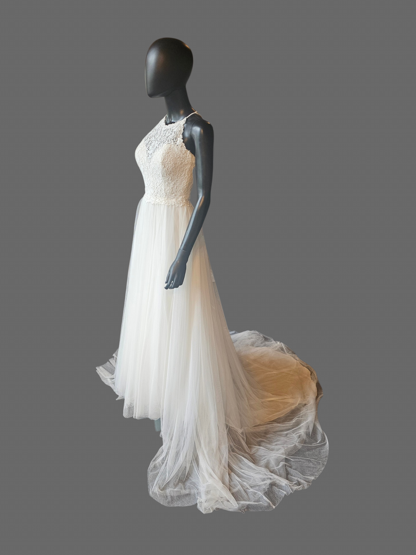 Ivory Illusion Lace Halter Gathered Net (Petite) Wedding Gown- Jasmine