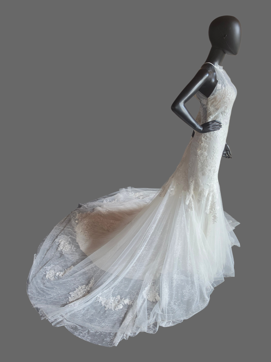 Lace Halter Fit/Flare Open Back Wedding Gown - Lillian West