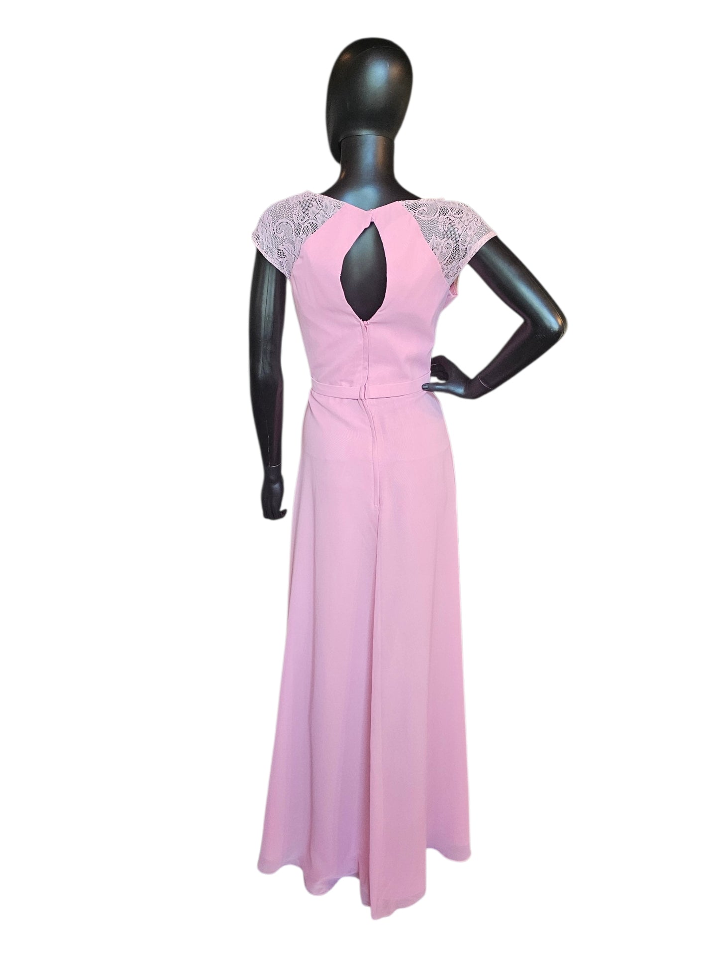 Pink Jewel Collar Belted Sheath Lace Cap Sleeve Maxi Formal Dress - Alexia