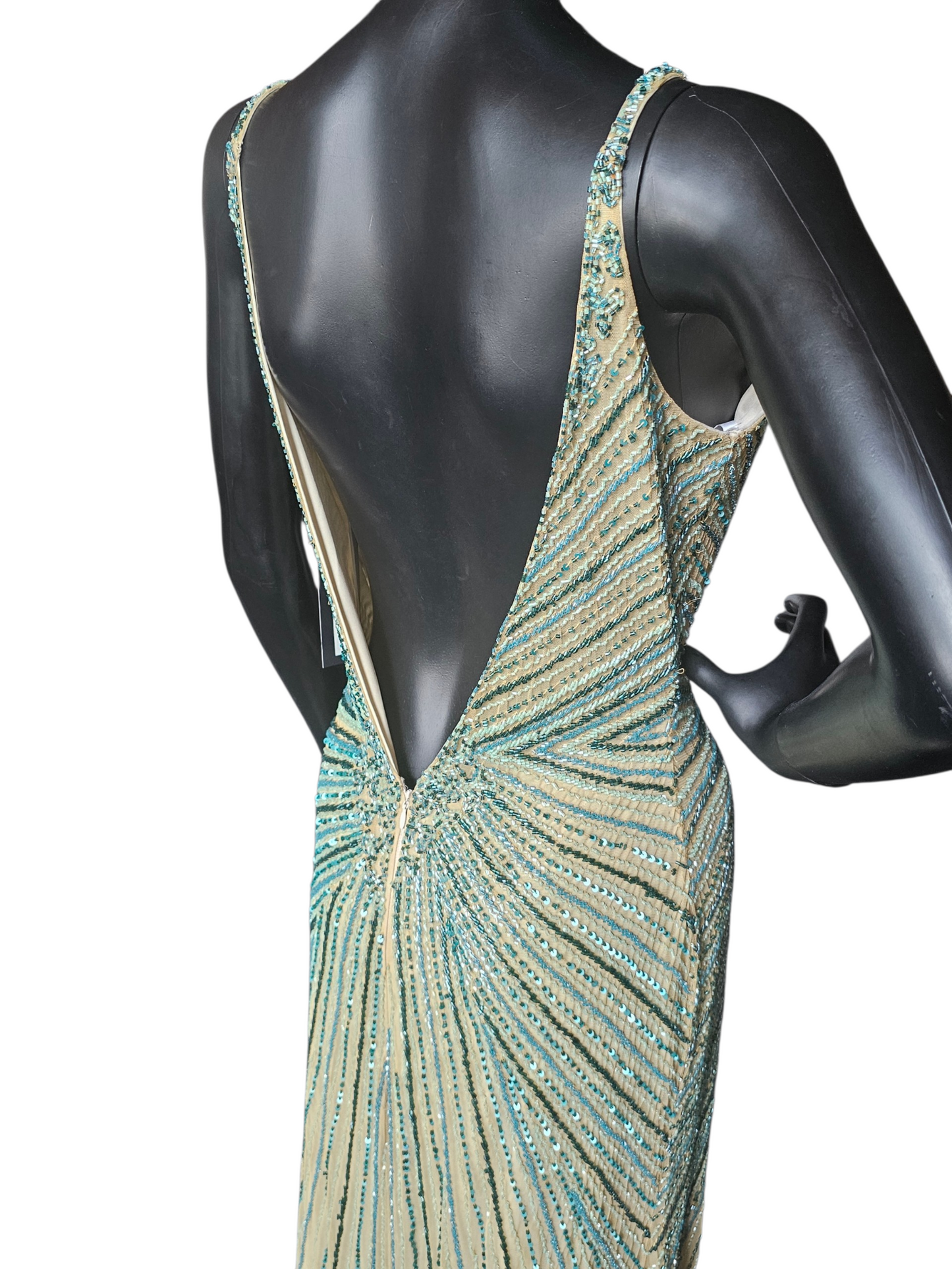 Nude/Green Large Scale Beaded Design V-Neck Fit/Flare Open Back Mom/ Formal/prom Dress - Primavera