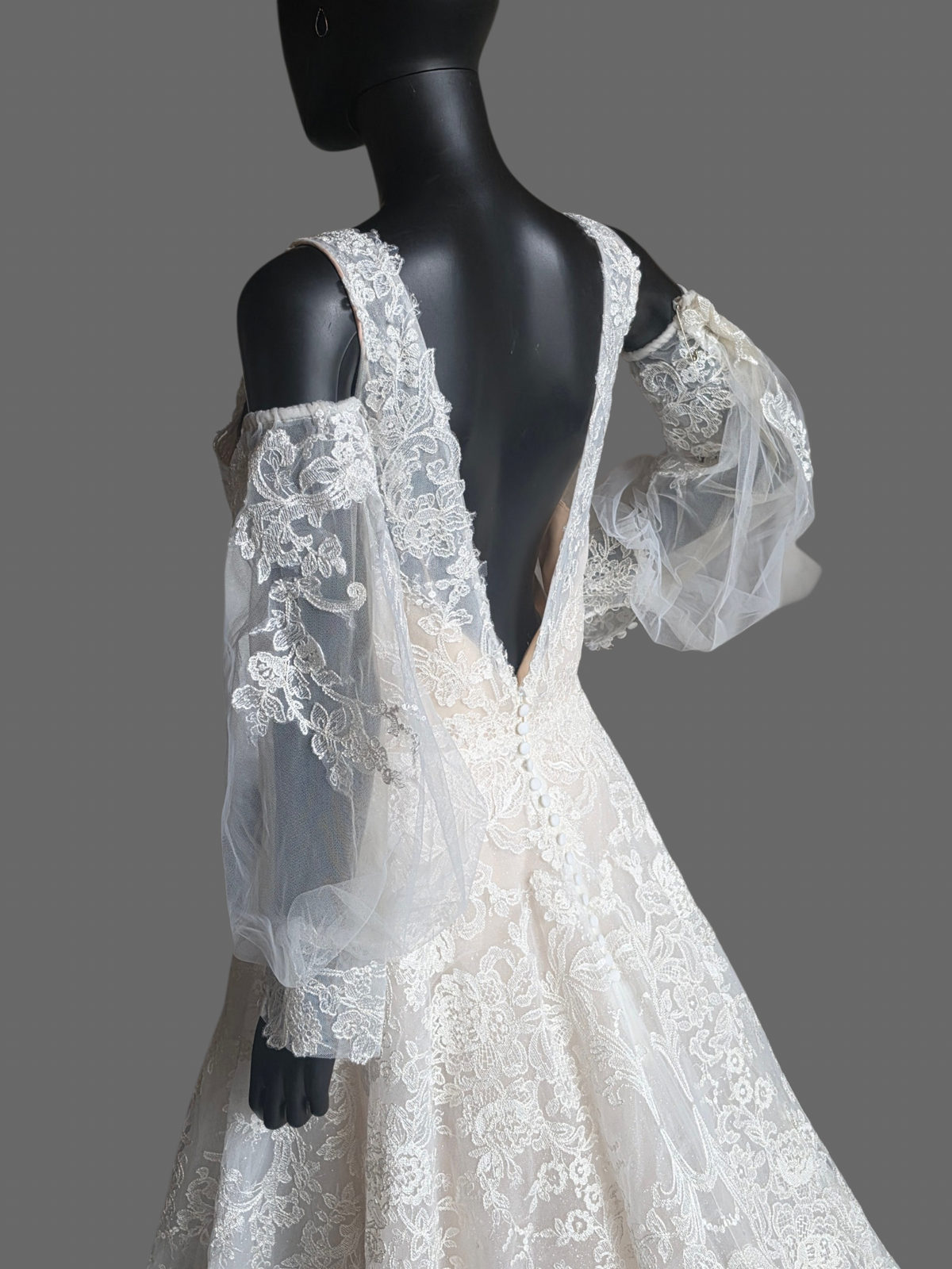 Ivory/Nude 3-Look Lace Plunge Sparkle A-Line Wedding Gown W/Detatch Sleeve - Martin Thornburg