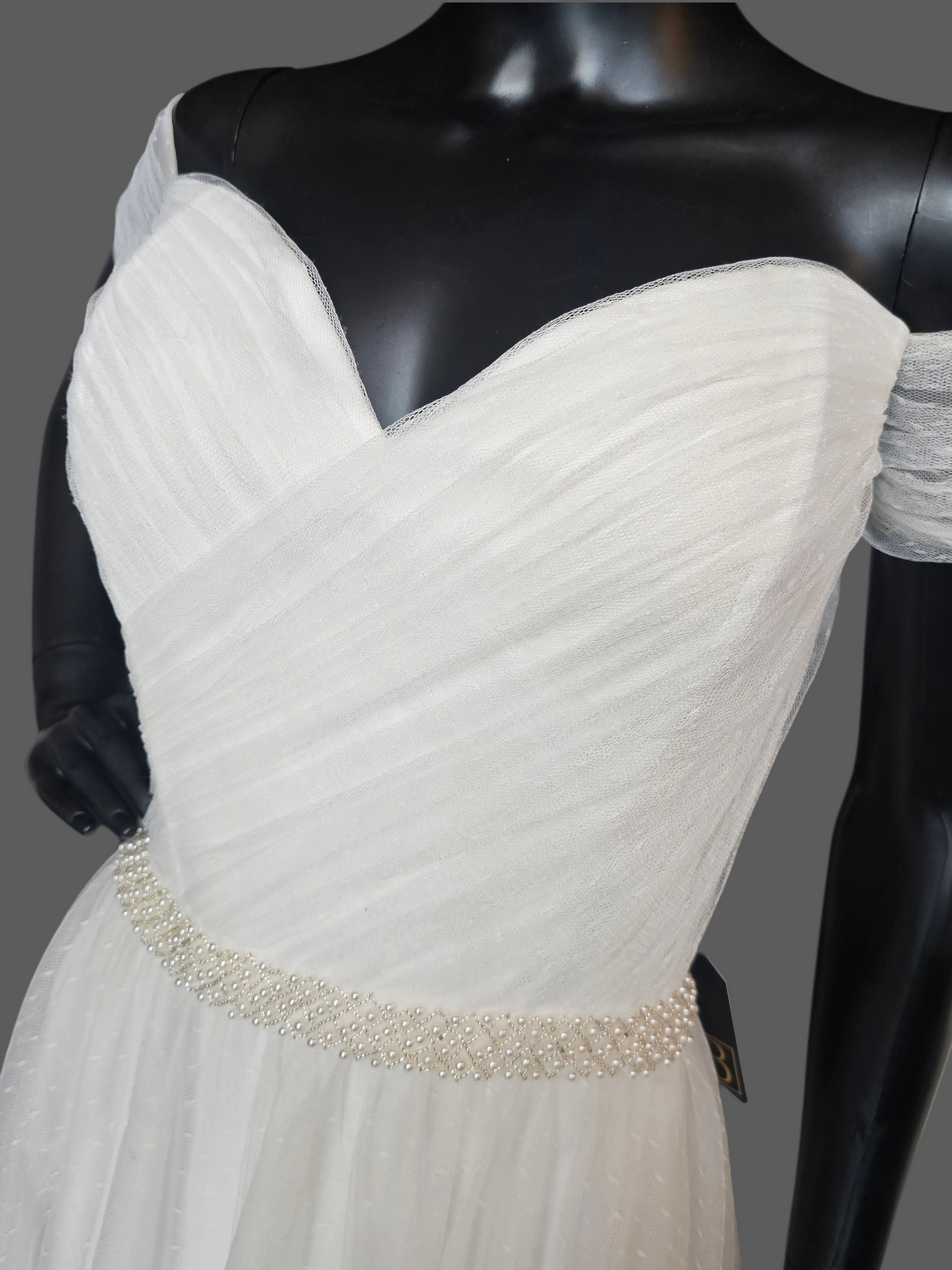 Ivory Swiss Dot Off Shoulder Cap Sleeve Pearl Belt Wedding Dress - Da Vinci