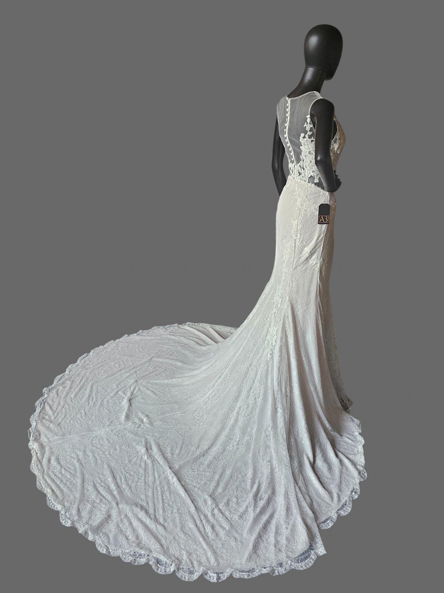Ivory Illusion Plunge Thick Strap Floral Lace Fit/Flare Wedding Gown - Alyne