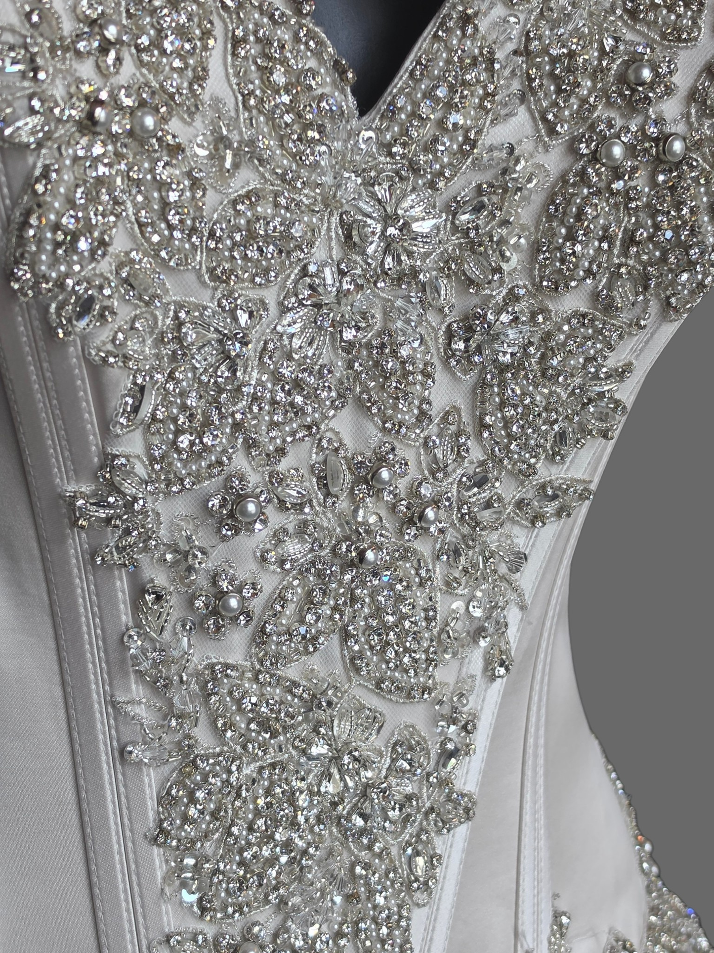 Café/Silver Satin Beaded Basque Waist Sweetheart Wedding Gown - Allure