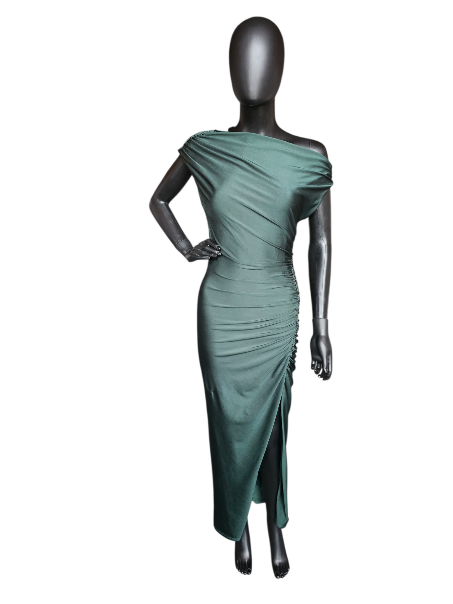 Forest Green Stretch Jersey Bodycon Off Shoulder Maxi Dress - Windsor
