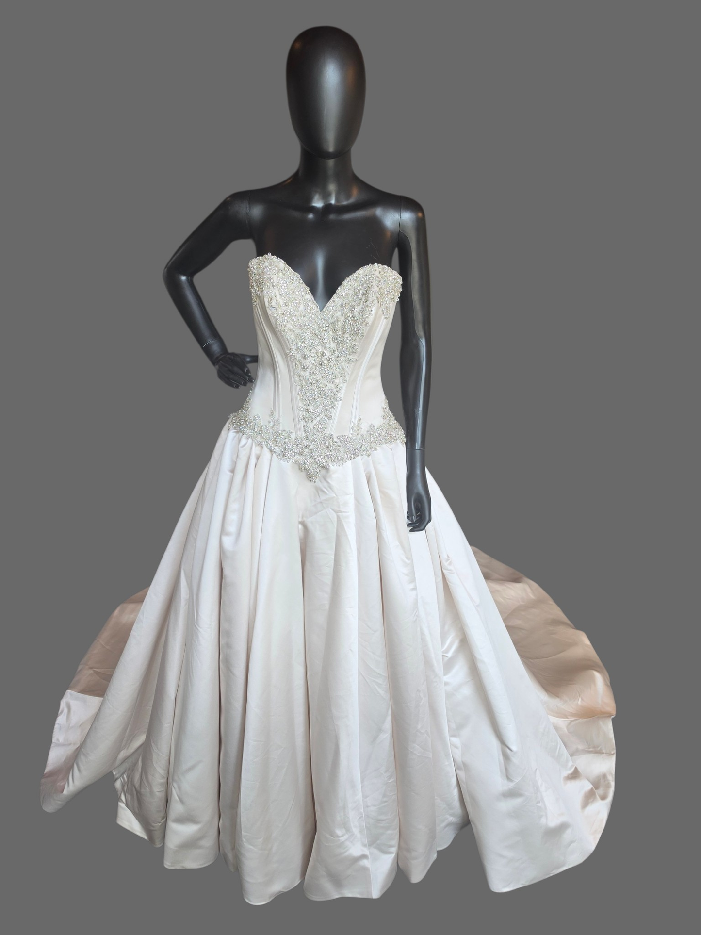 Café/Silver Satin Beaded Basque Waist Sweetheart Wedding Gown - Allure
