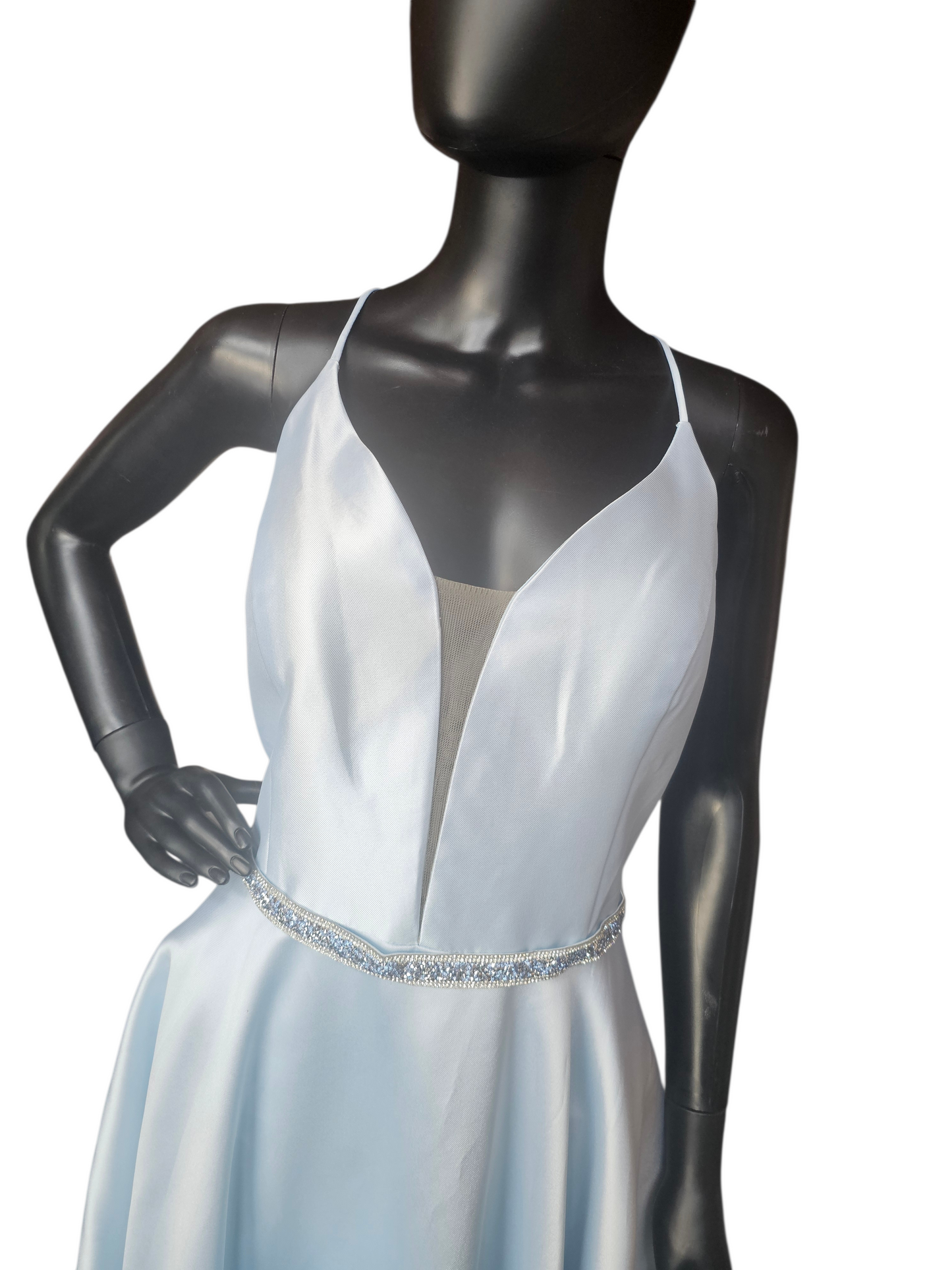 Periwinkle Plunge Belted A-Line Mikado Formal Dress