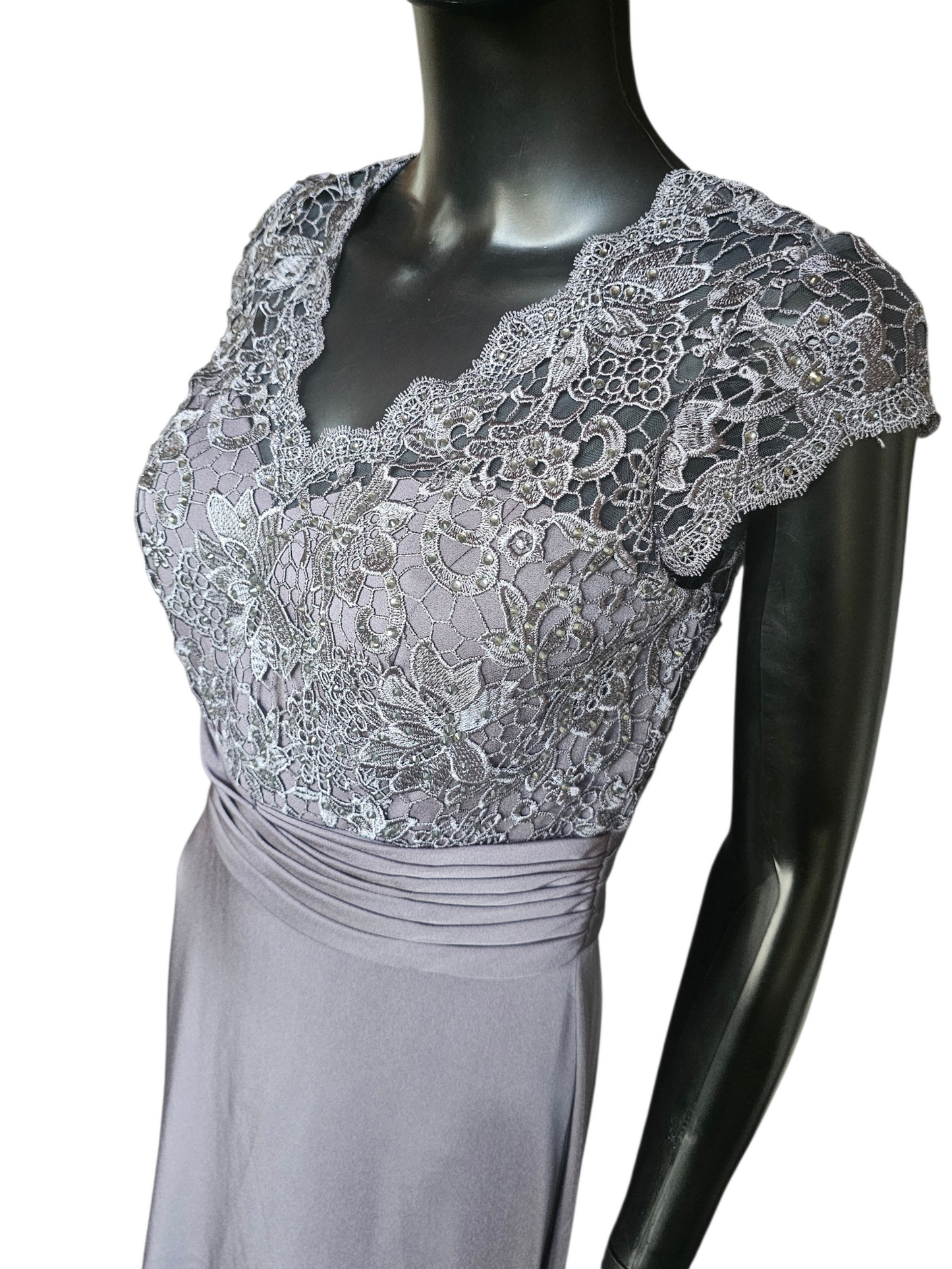 Slate Lace Cap Sleeve Fit/Flare  Rhinestone Detail Belt design Train Formal Dress - Alyce