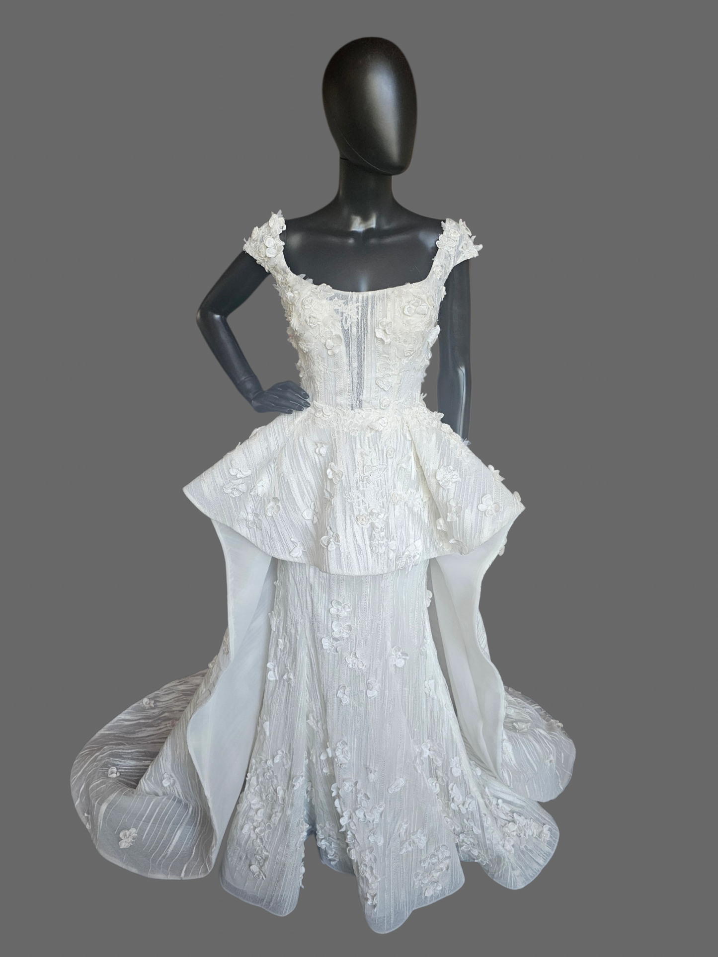 Ivory Structured Wedding Gown 3D Floral Peplum With A Square Neckline And Cap Sleeves - Madison James