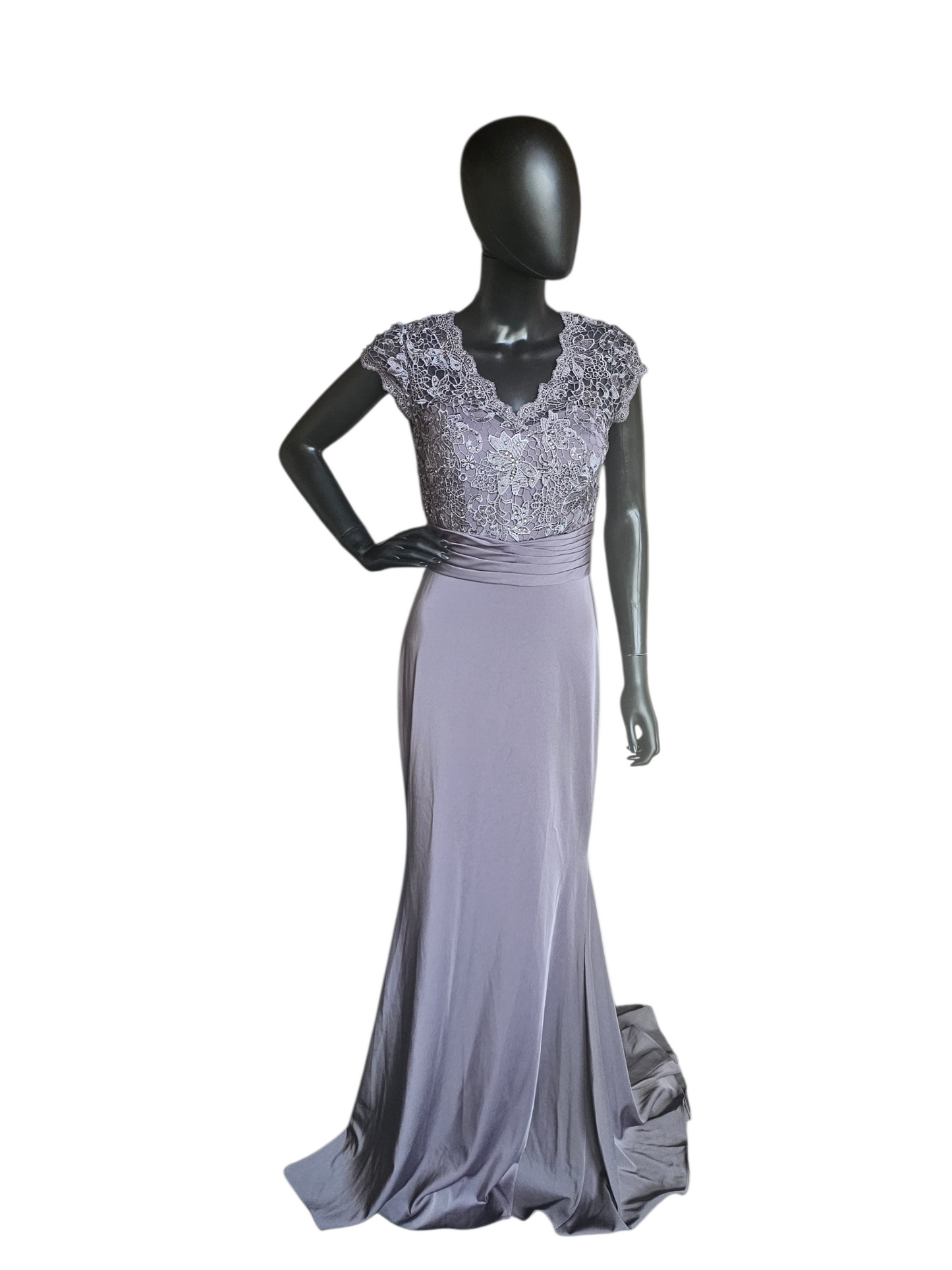 Slate Lace Cap Sleeve Fit/Flare  Rhinestone Detail Belt design Train Formal Dress - Alyce