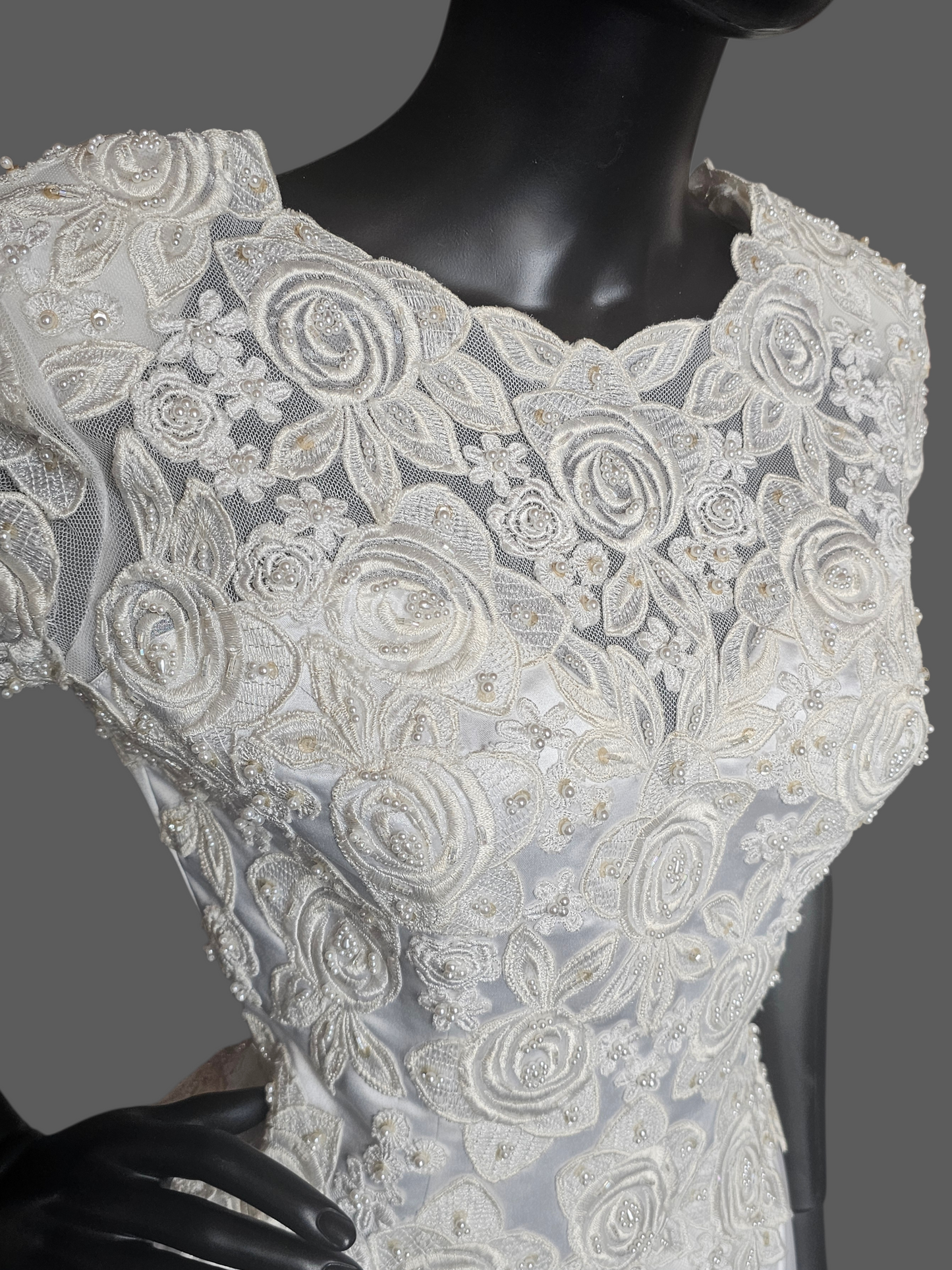 Vintage White Satin Embroidered Cap Sleeve Wedding Gown - Modest