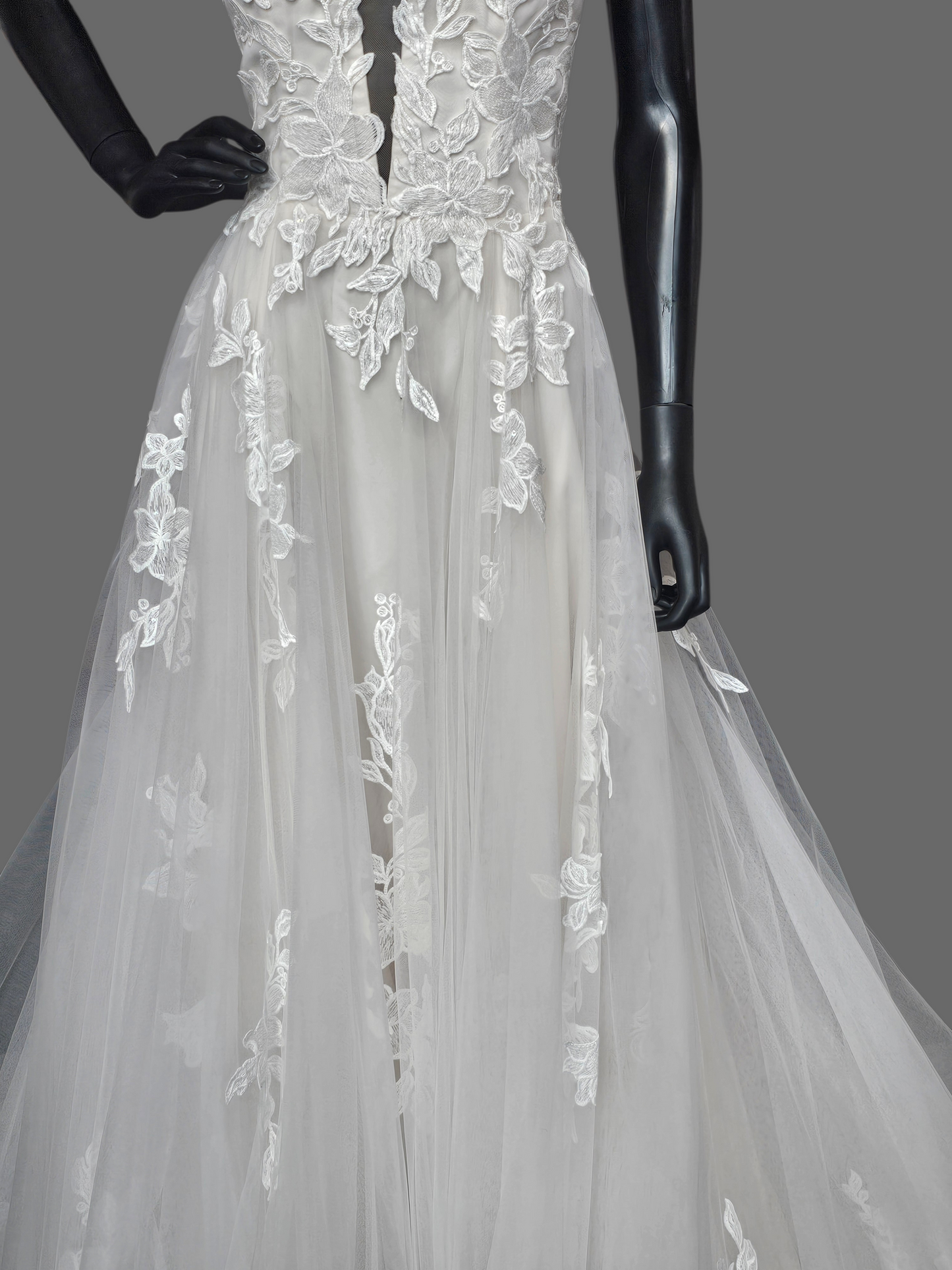 Ivory/Blush Floral Embroidered Plunge A-Line Wedding Gown - Casablanca Beloved