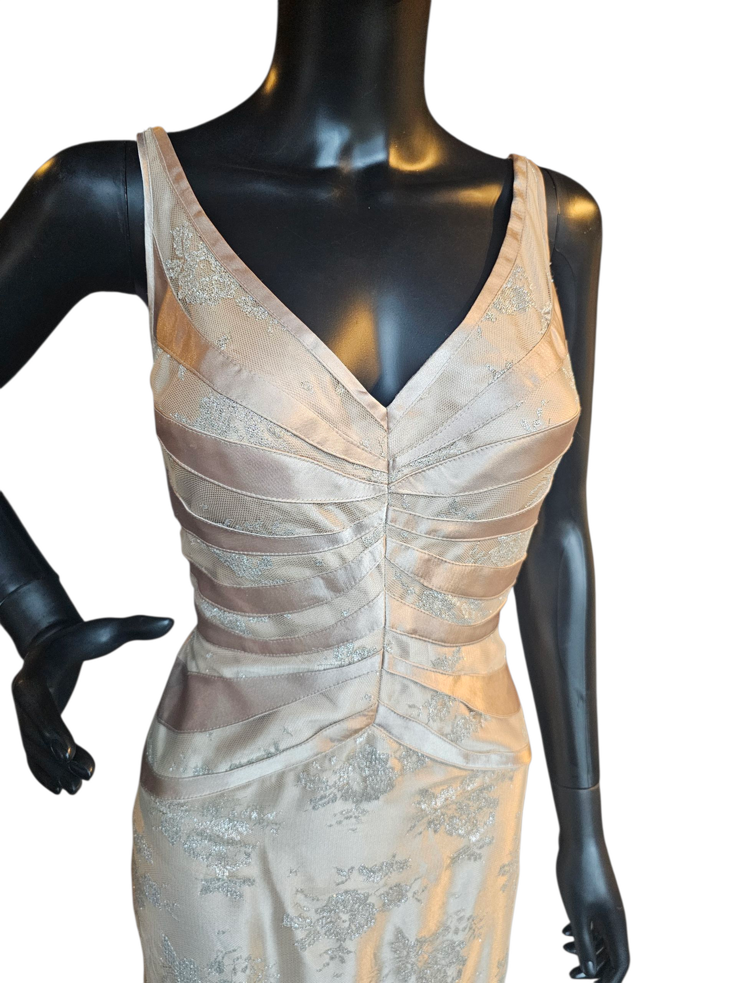 Gold Satin/Silver Lace V-Neck Tiered Fit/Flare Formal Gown - JS Collections