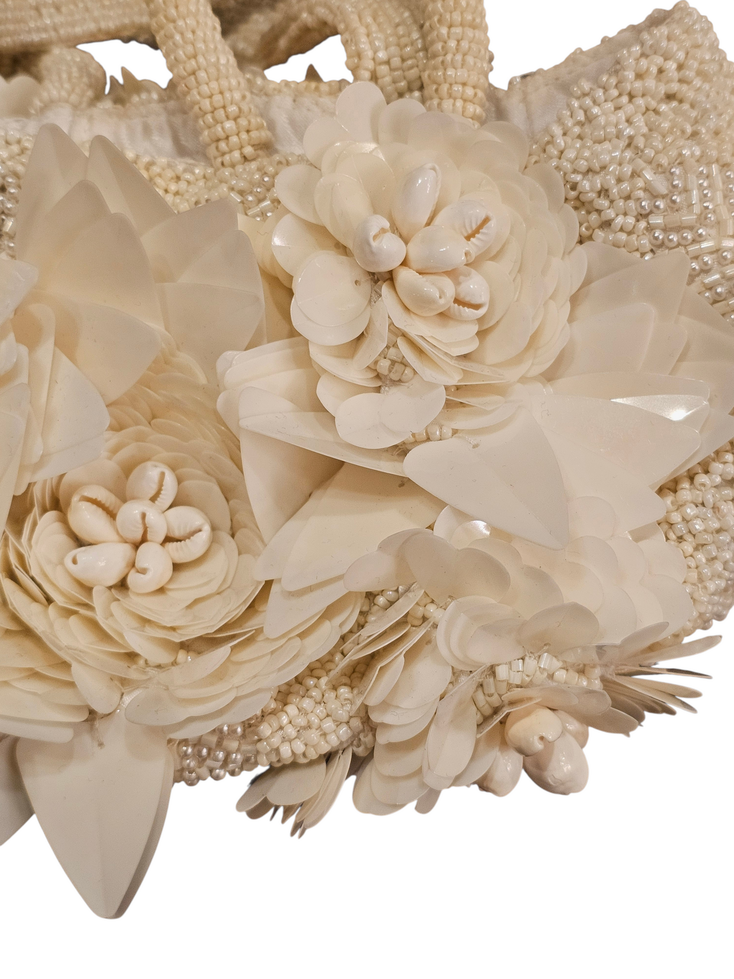 Ivory Seed-Beaded/Floral/Shell Basket Handbag