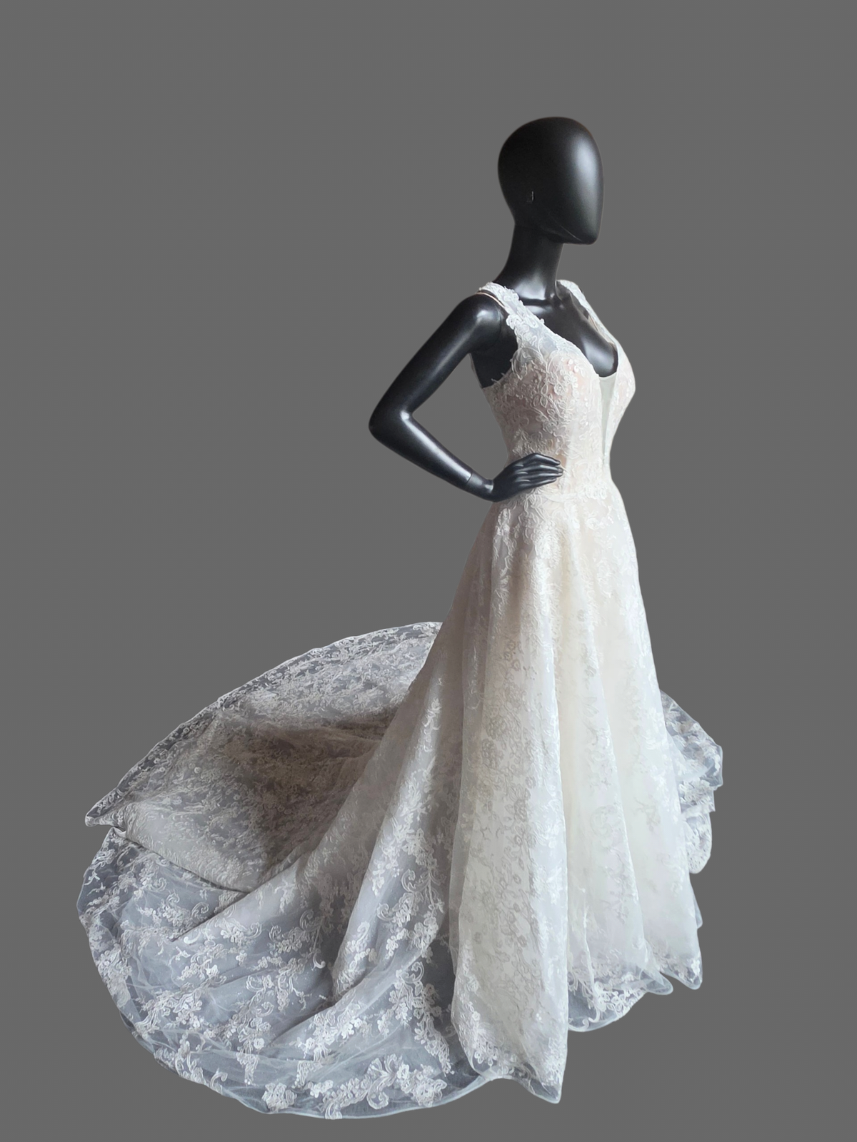 Ivory/Nude 3-Look Lace Plunge Sparkle A-Line Wedding Gown W/Detatch Sleeve - Martin Thornburg