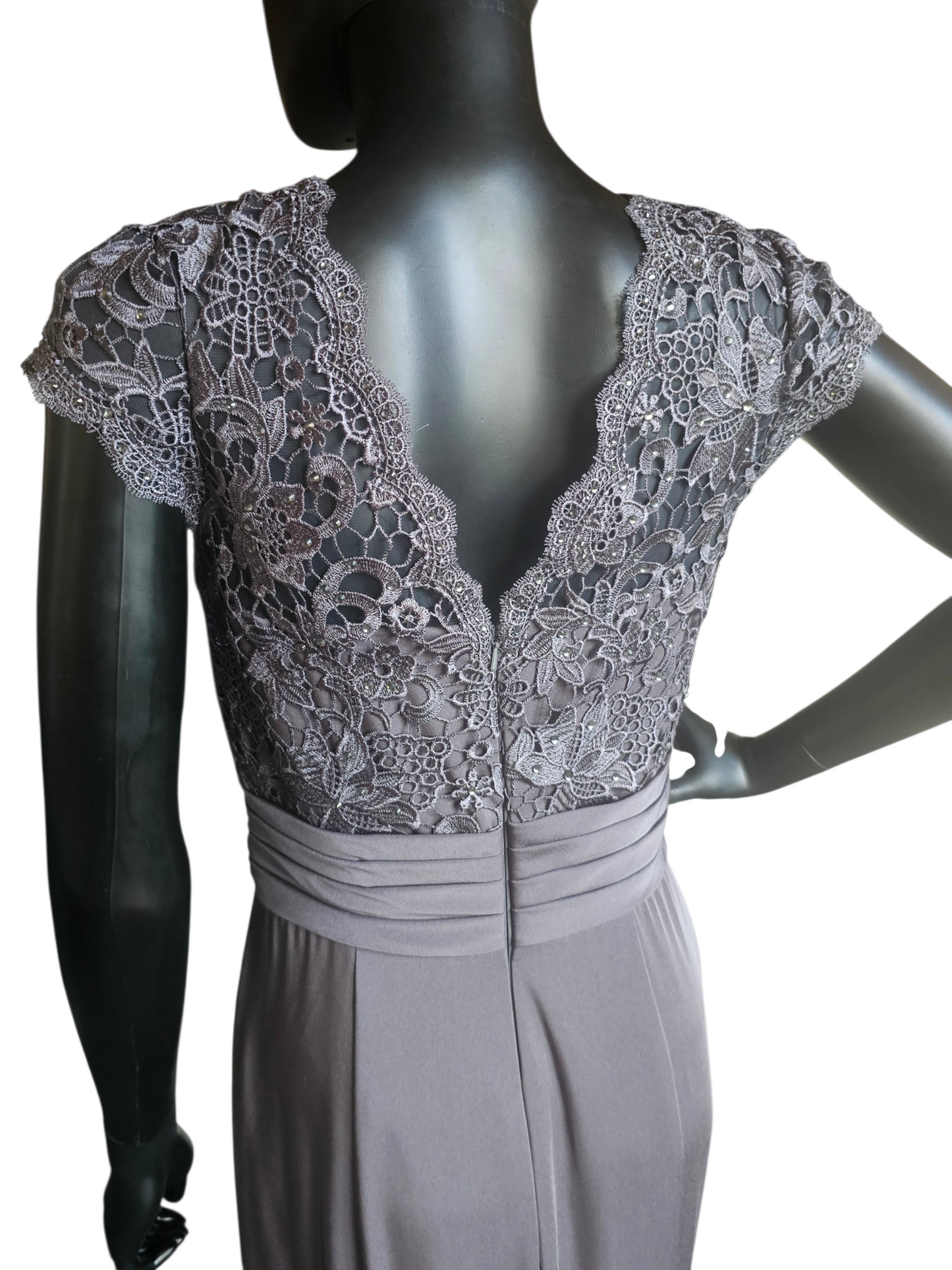 Slate Lace Cap Sleeve Fit/Flare  Rhinestone Detail Belt design Train Formal Dress - Alyce