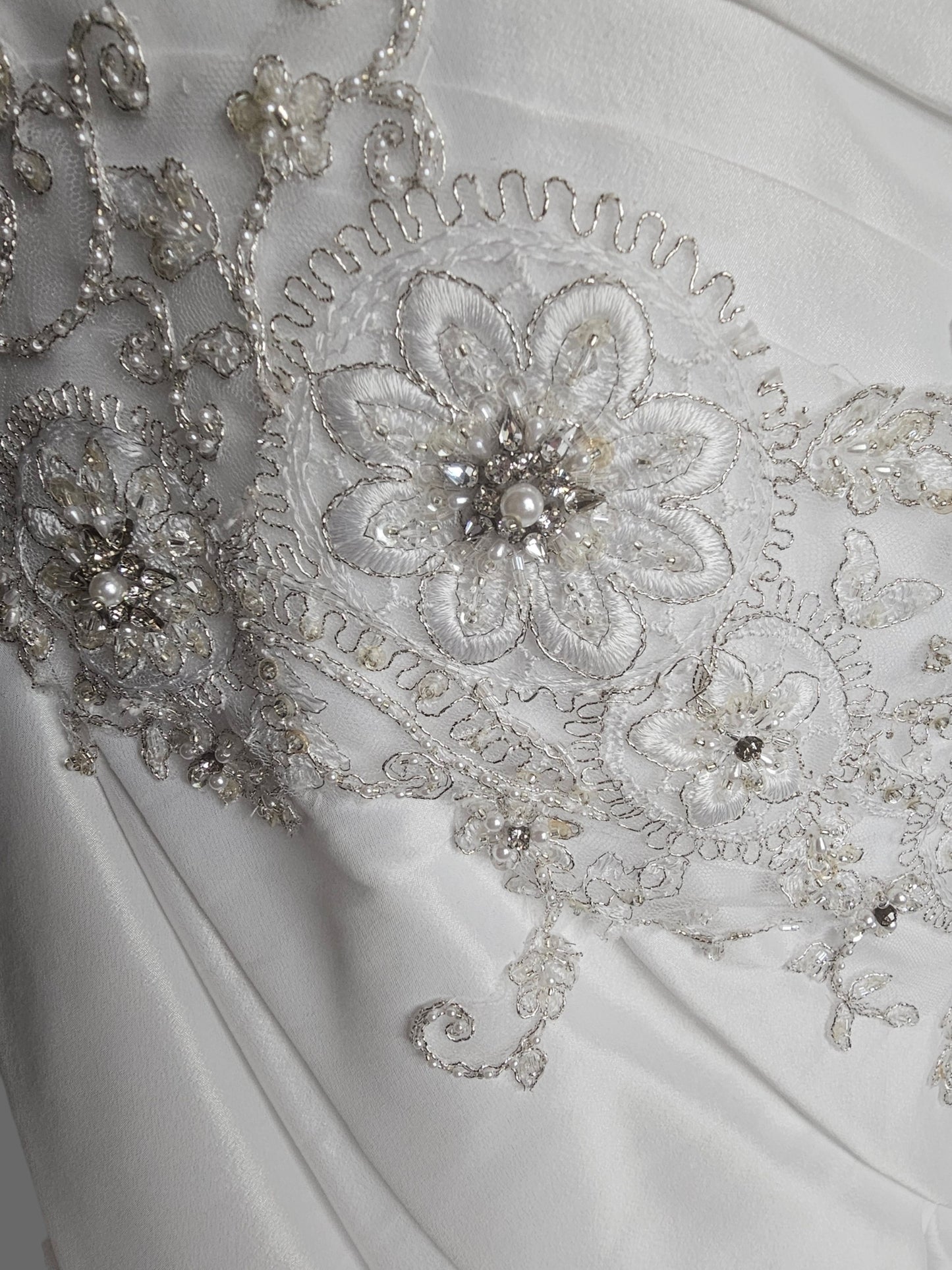 White Taffeta Side Sweep Detailed Applique Strapless Wedding Gown - Casablanca