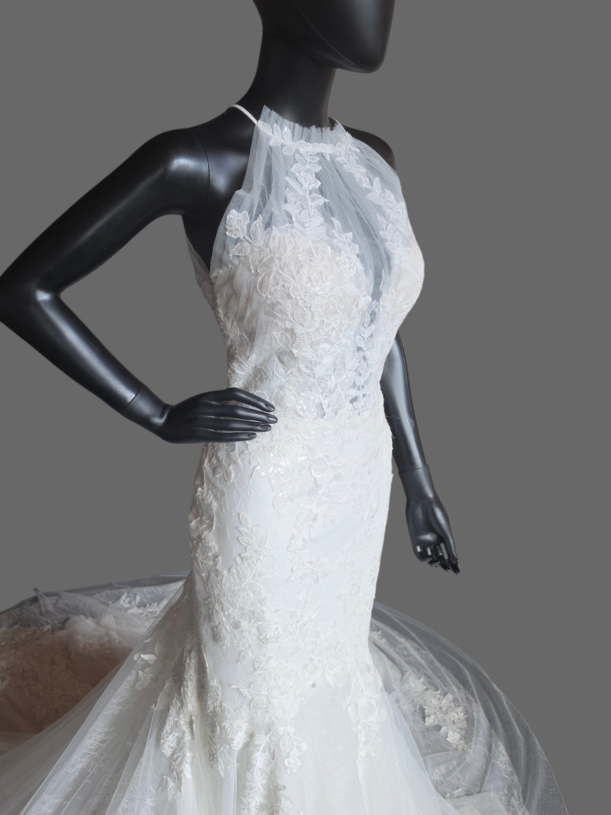 Lace Halter Fit/Flare Open Back Wedding Gown - Lillian West