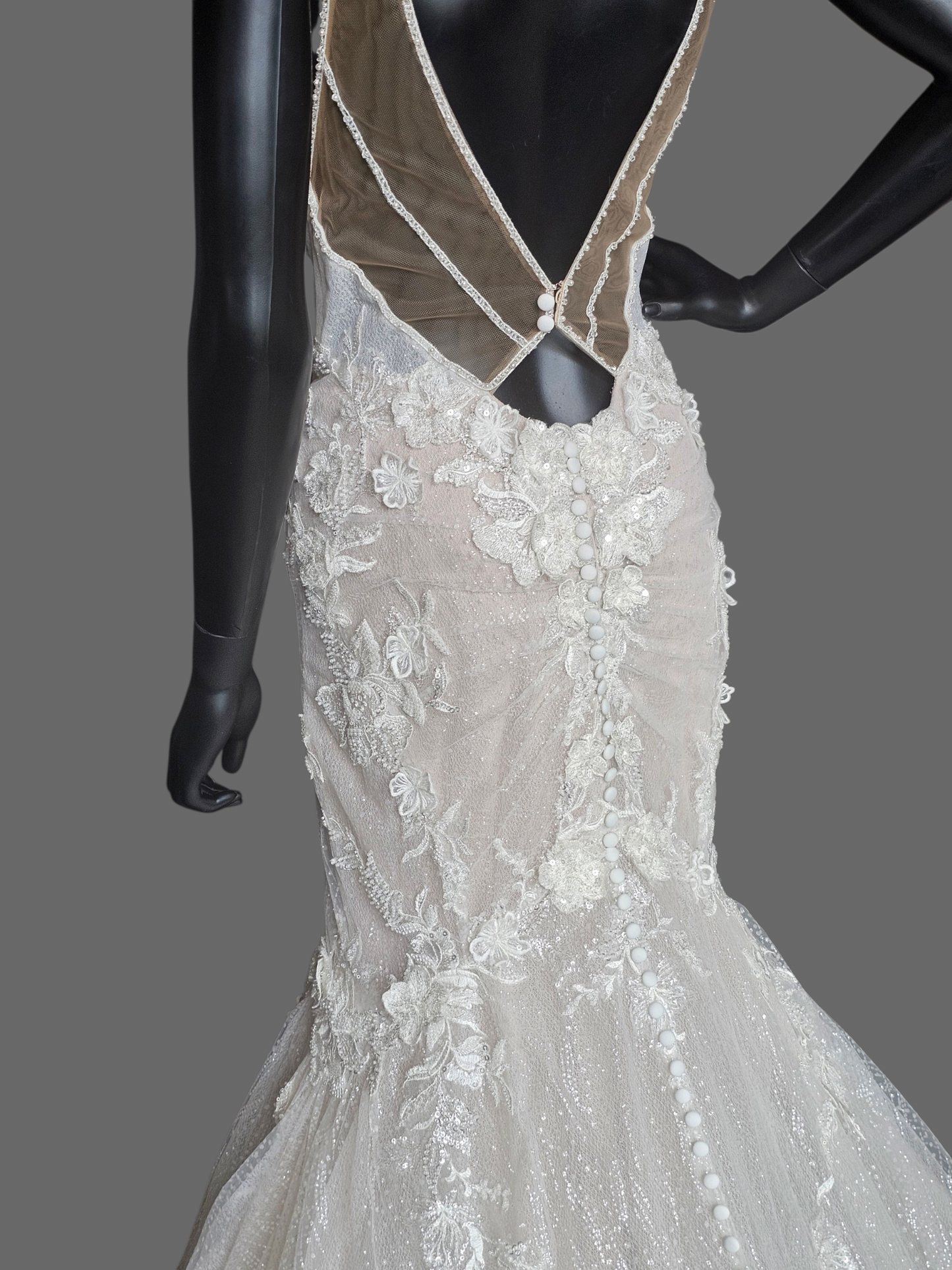 V-Neck Fit/Flare Floral Sparkle Wedding Gown - Martina Liana