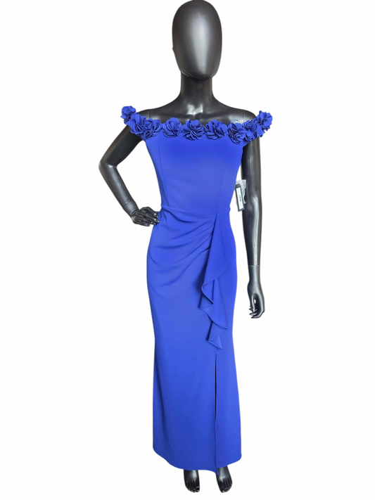 Royal Blue Floral Off Shoulder Formal Dress - Jeanne Alexander