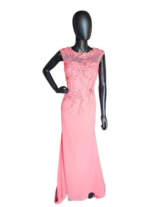 Coral Fitted Beaded Formal Maxi Dress - Hebeos