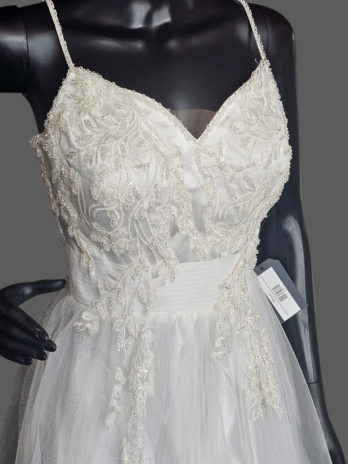 Spaghetti Strap Ivory Floral Embroidered Side Slit Wedd8ng Gown - Di La Sena