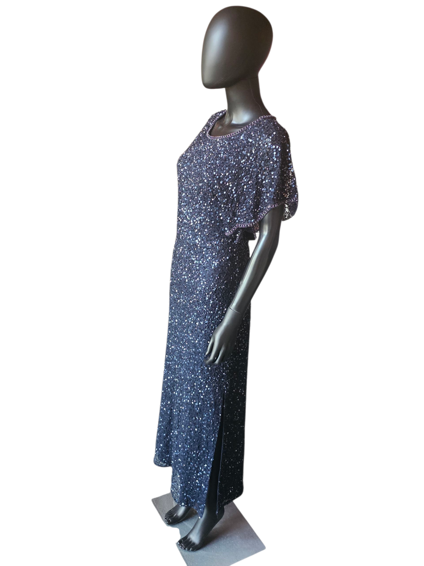 Navy Full Beaded Flutter Sleeve Formal Dress - Adrianna Papell