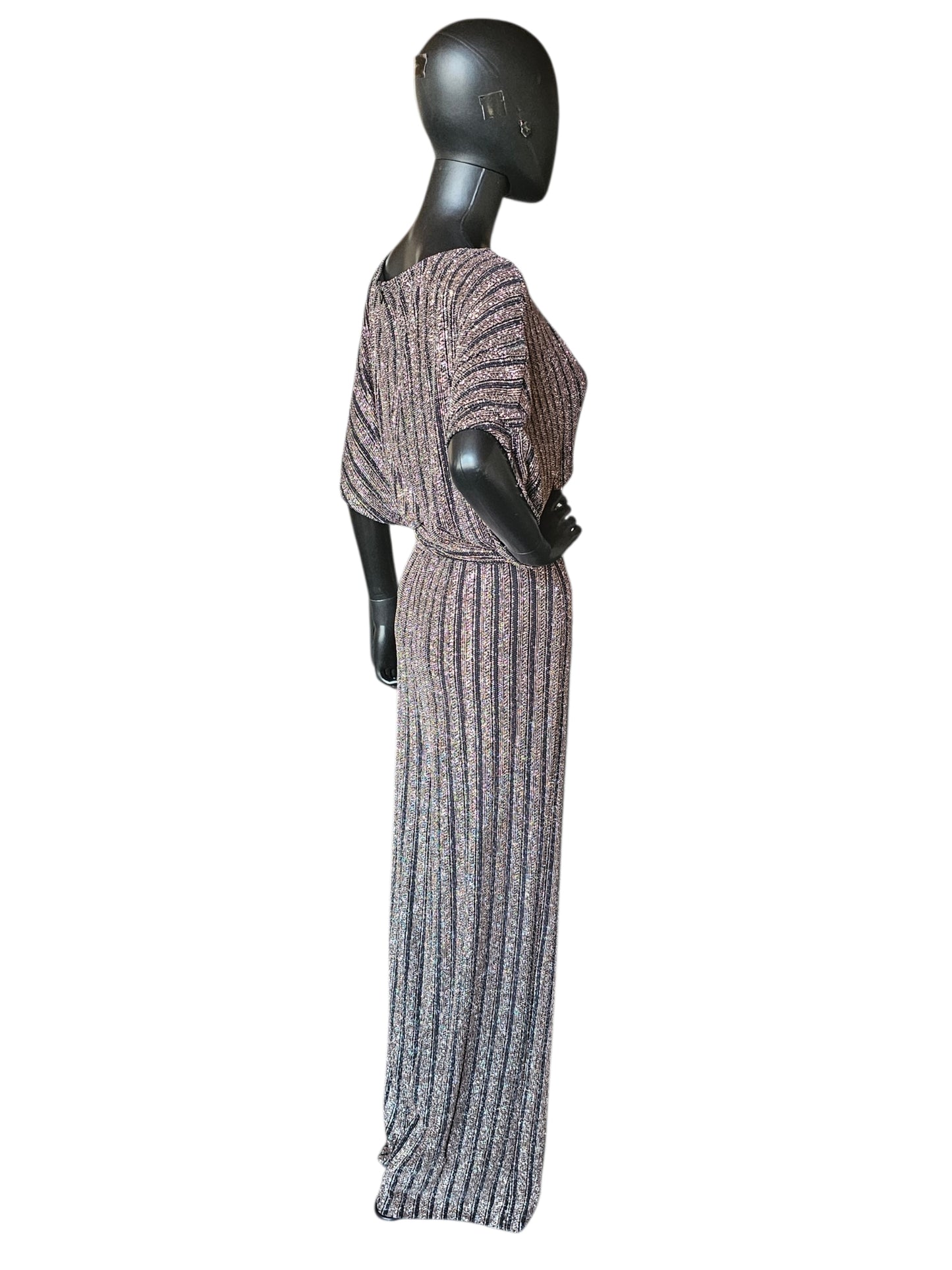 Black/Rose Gold Striped Belted Wide Leg Romper Jumpsuit - Jessica Howard