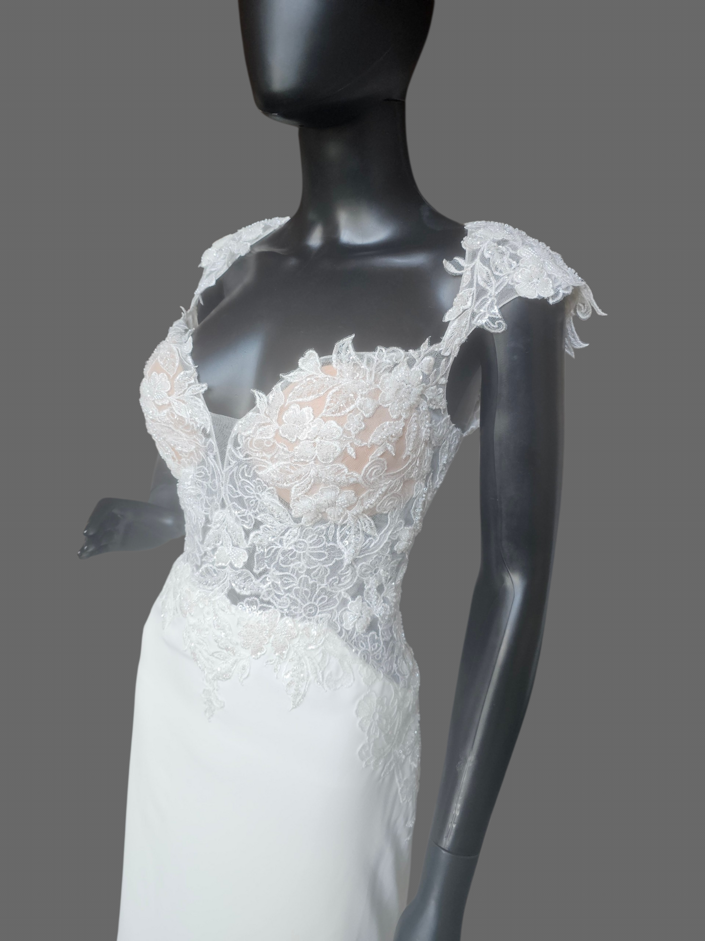 Ivory Crepe Illusion Bodice Cap Sleeve Fit/Flare Wedding Gown - Rebecca Ingram