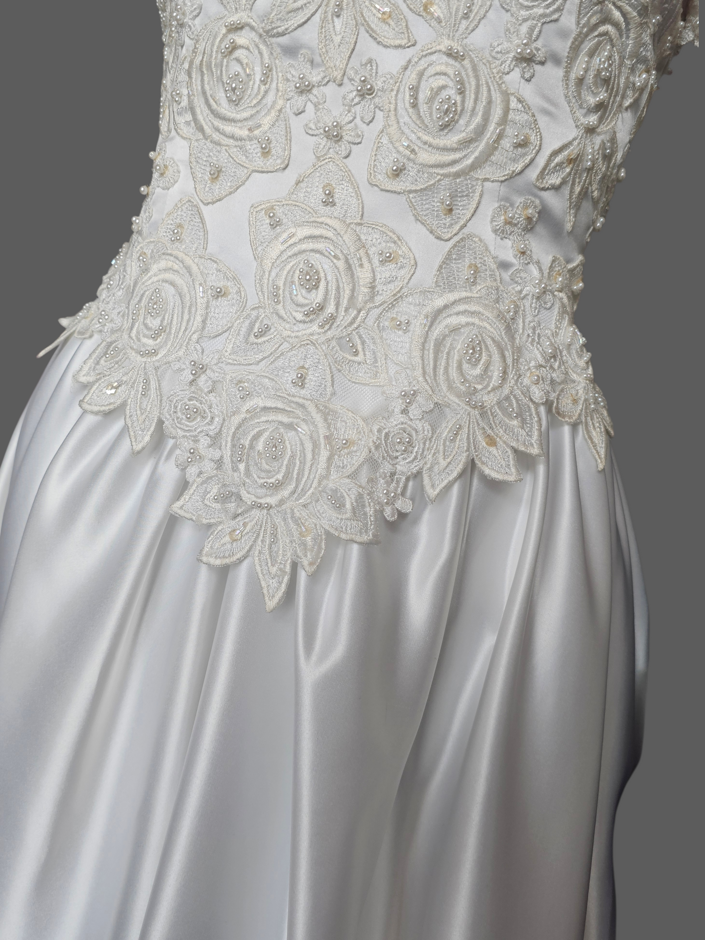 Vintage White Satin Embroidered Cap Sleeve Wedding Gown - Modest