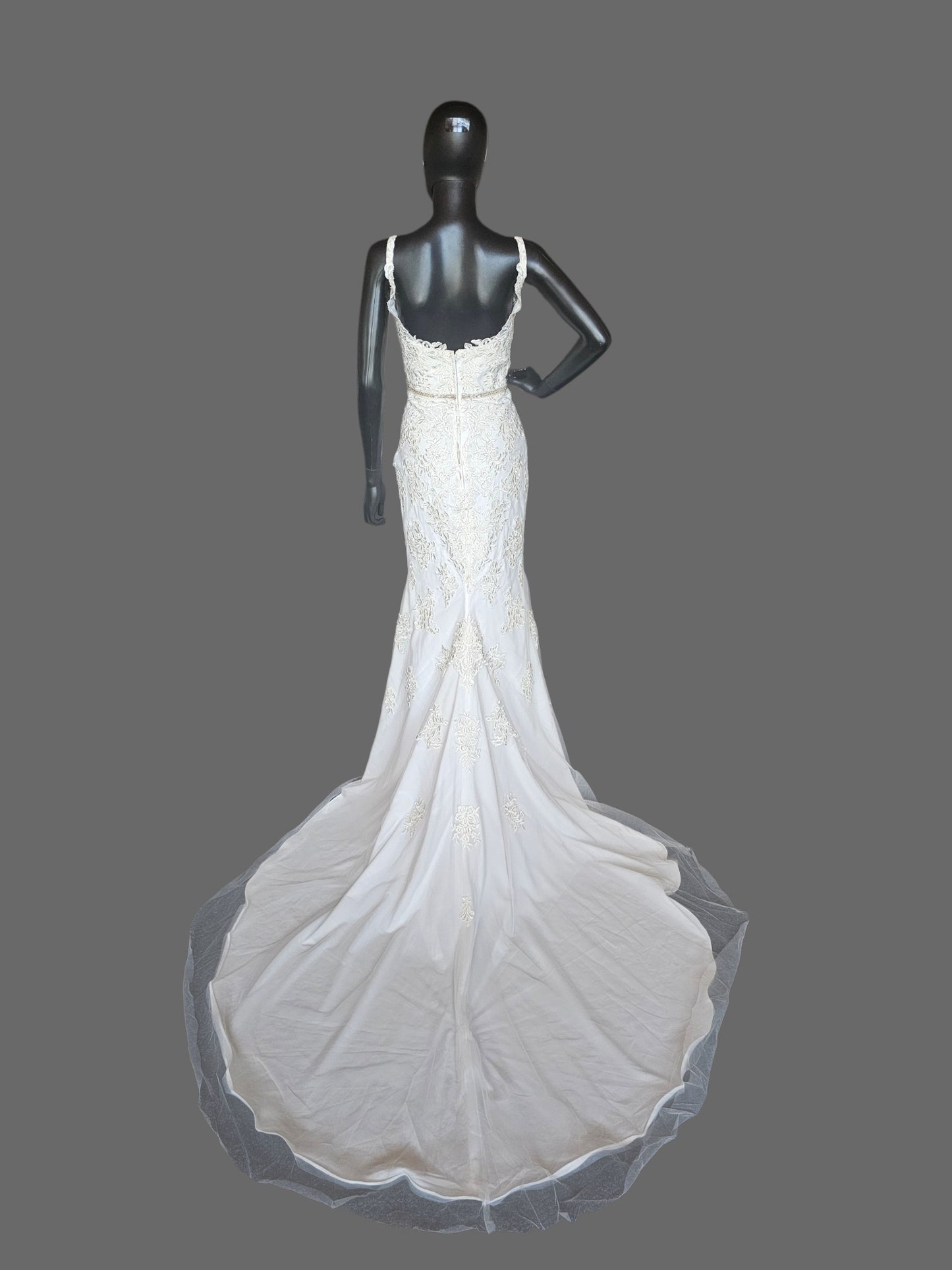 Lace V-Neck Belted Fit/Flare Wedding Gown - DaVinci