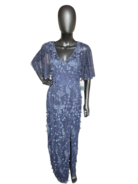 Navy 3D Floral Flutter Illusion Sleeves V-Neck Fit/Flare Slit Formal/Moms Dress  - Adrianna Papell