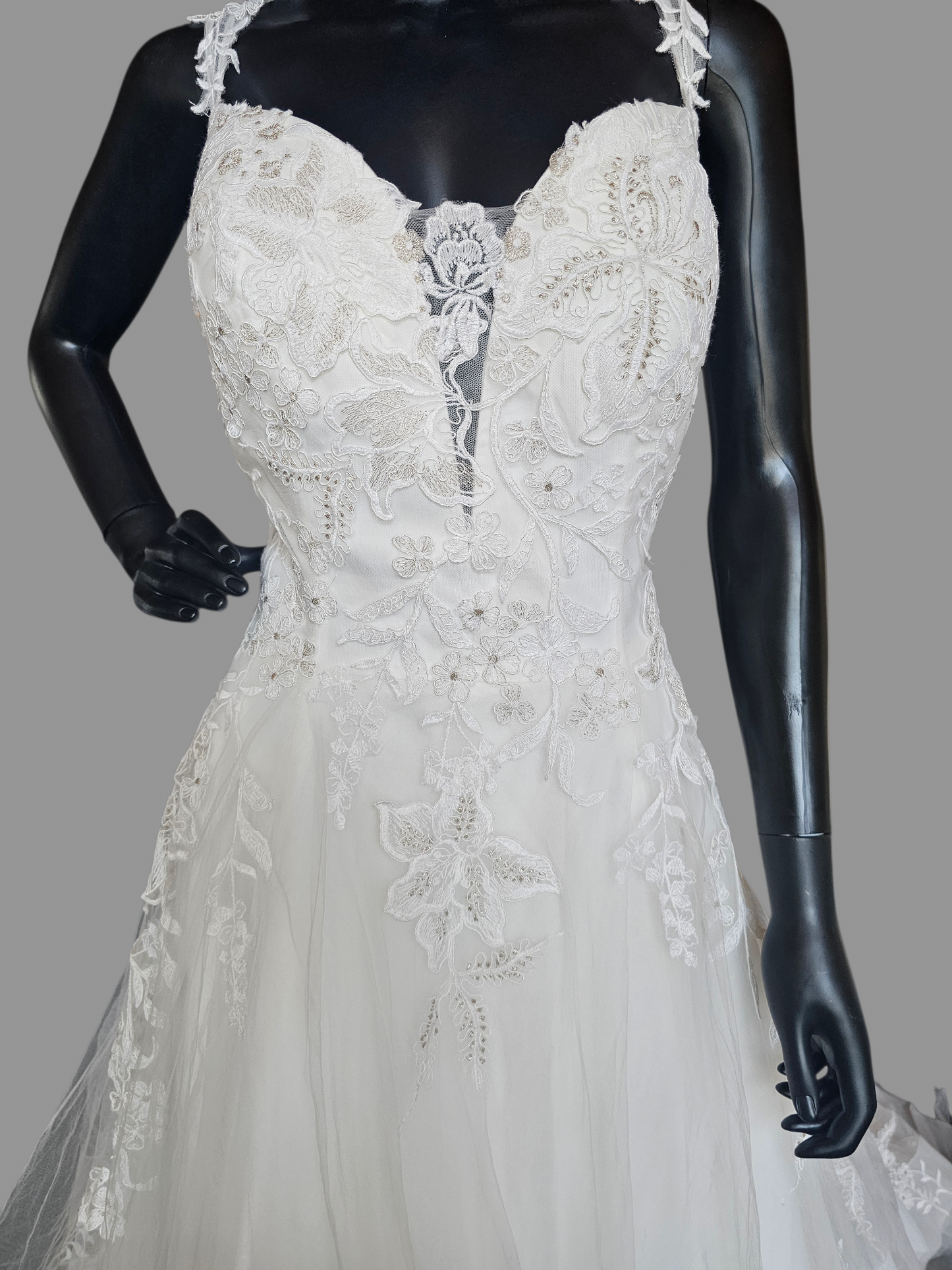 A-Line Floral Tiered Laced Sleeves Sweetheart Plunge Wedding Gown- Beloved
