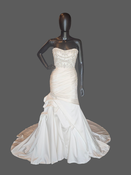 Ivory Silky Satin Side Sweep Fit/Flare Wedding Gown - Casablanca