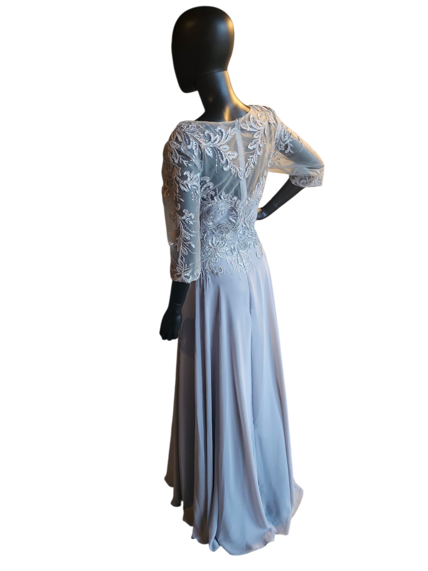 Silver Long Sleeve Illusion Bodice Maxi Formal Evening Gown - Madaline Gardner NY