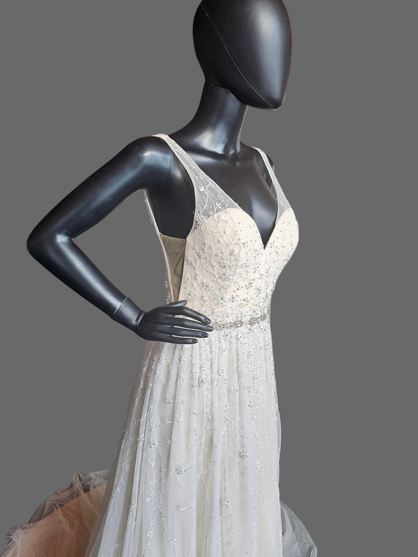 Ivory/Champagne Soft Netting Plunge V-Neck Open Back Wedding Gown - Martin Thornburg