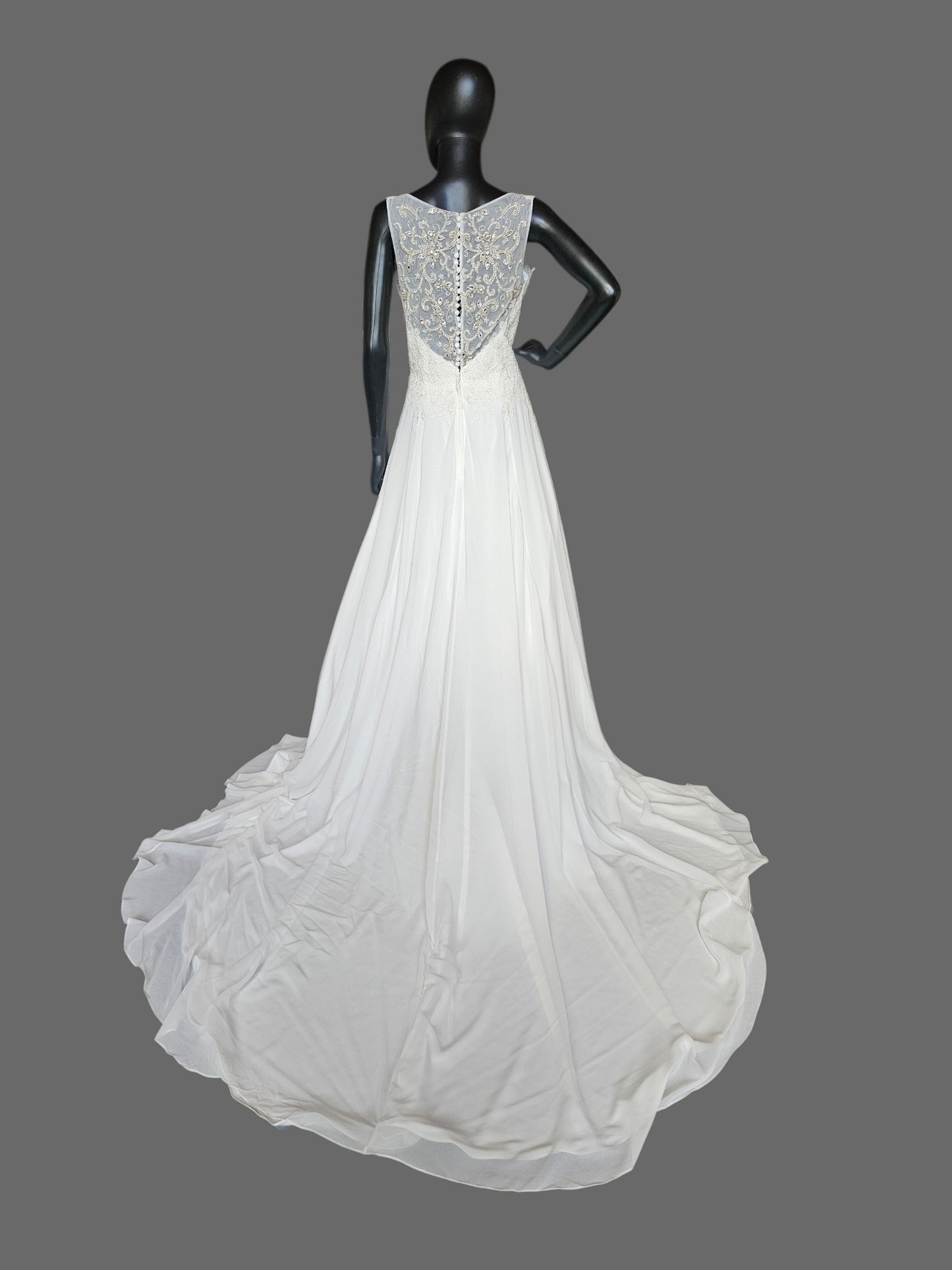 White Chiffon A-Line Lace V-Neck  Applica Illusion Back Wedding Gown - Davinci