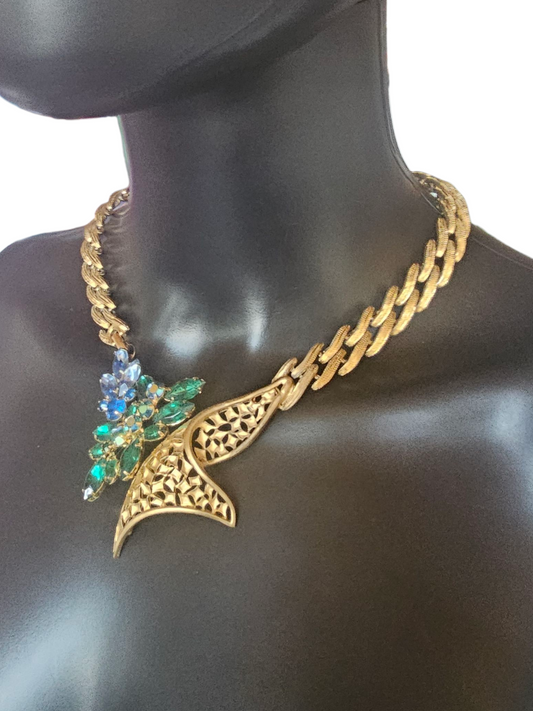Vintage Bespoke/Remade Gold/Blue/Green Crystal Collar Necklace